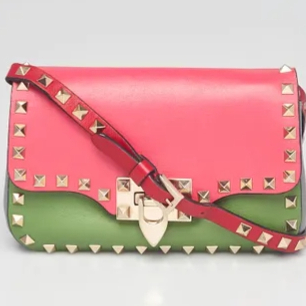 Authentic Valentino, Tri-Color Vitello Mini Rockstud Flip Lock Crossbody Bag.